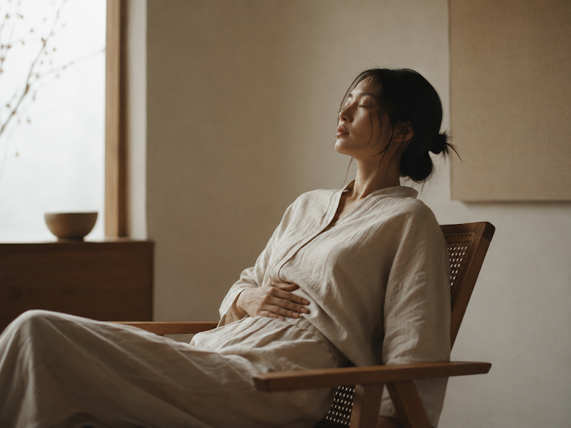 A woman sitting quietly in a wooden chair, hand on her abdomen, eyes closed, breathing slowly