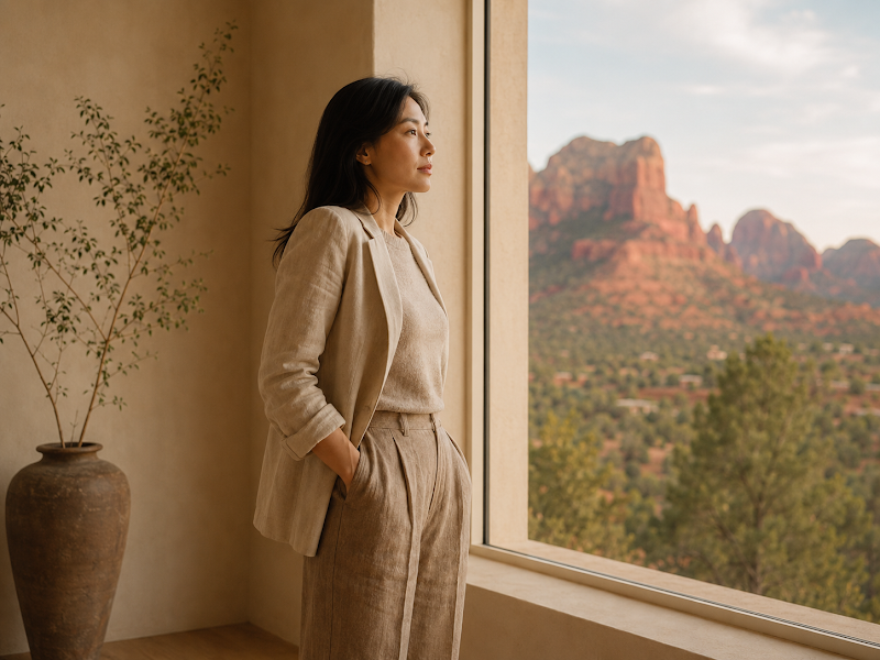 A woman standing at a window looking out at a desert landscape, contemplative and grounded