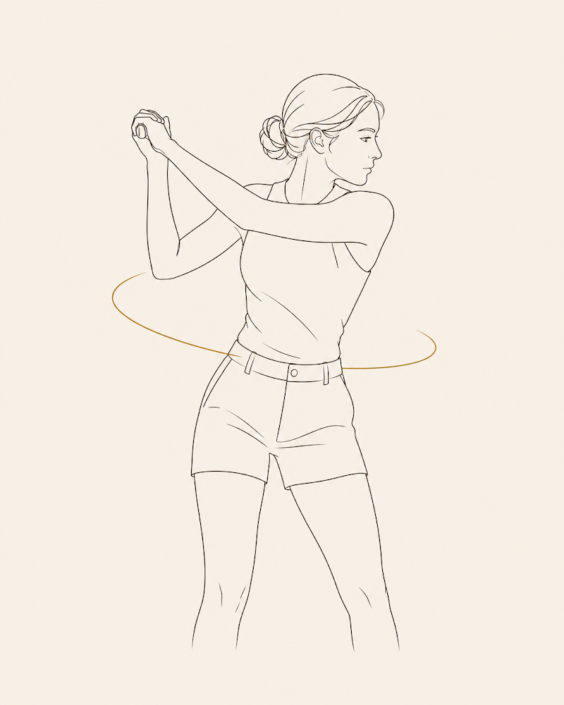 A woman in a golf backswing with a gold rotation arc wrapping around the torso, showing the trunk rotation required for the swing