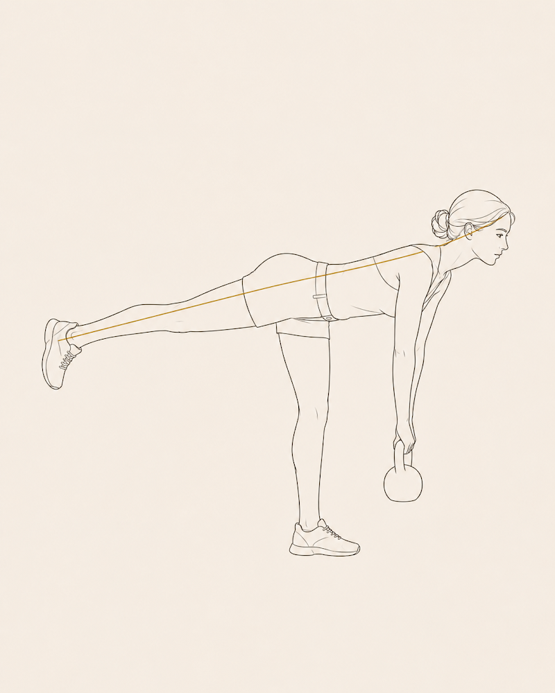 A woman performing a single-leg Romanian deadlift with a kettlebell, gold alignment line from raised foot through hips to head, showing loaded single-leg stability