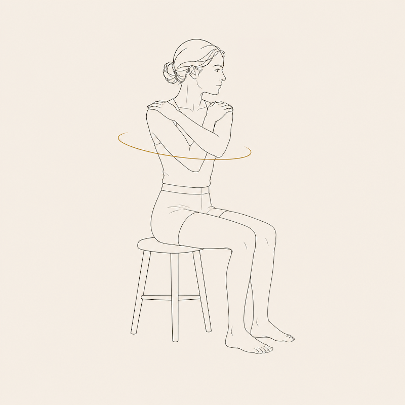 A woman seated on a stool with arms crossed at chest, gold arc around the torso showing available trunk rotation range