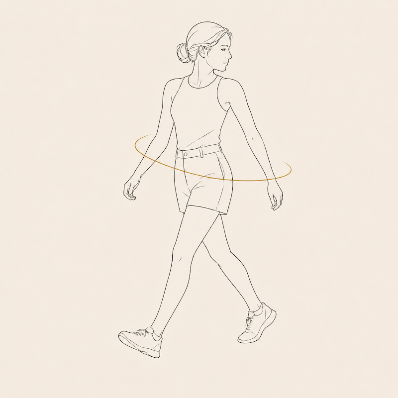 A woman walking viewed from the rear with a gold rotation arc around the hips, showing the reciprocal rotation pattern in gait