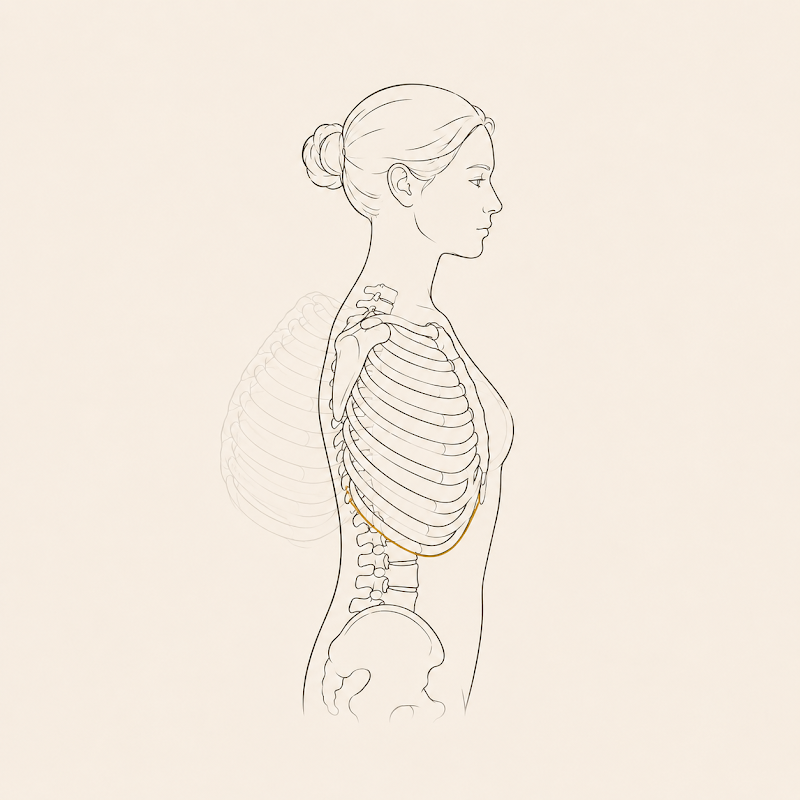 Side-view anatomical ribcage and spine within a silhouette, with a faded ghost ribcage behind and a gold arc at the lower ribs, showing the structural position that governs rotation