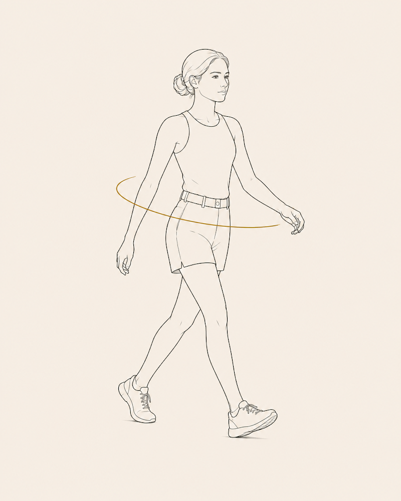 A woman walking viewed from the front with a gold rotation arc around the hips, showing reciprocal gait rotation from the opposite angle