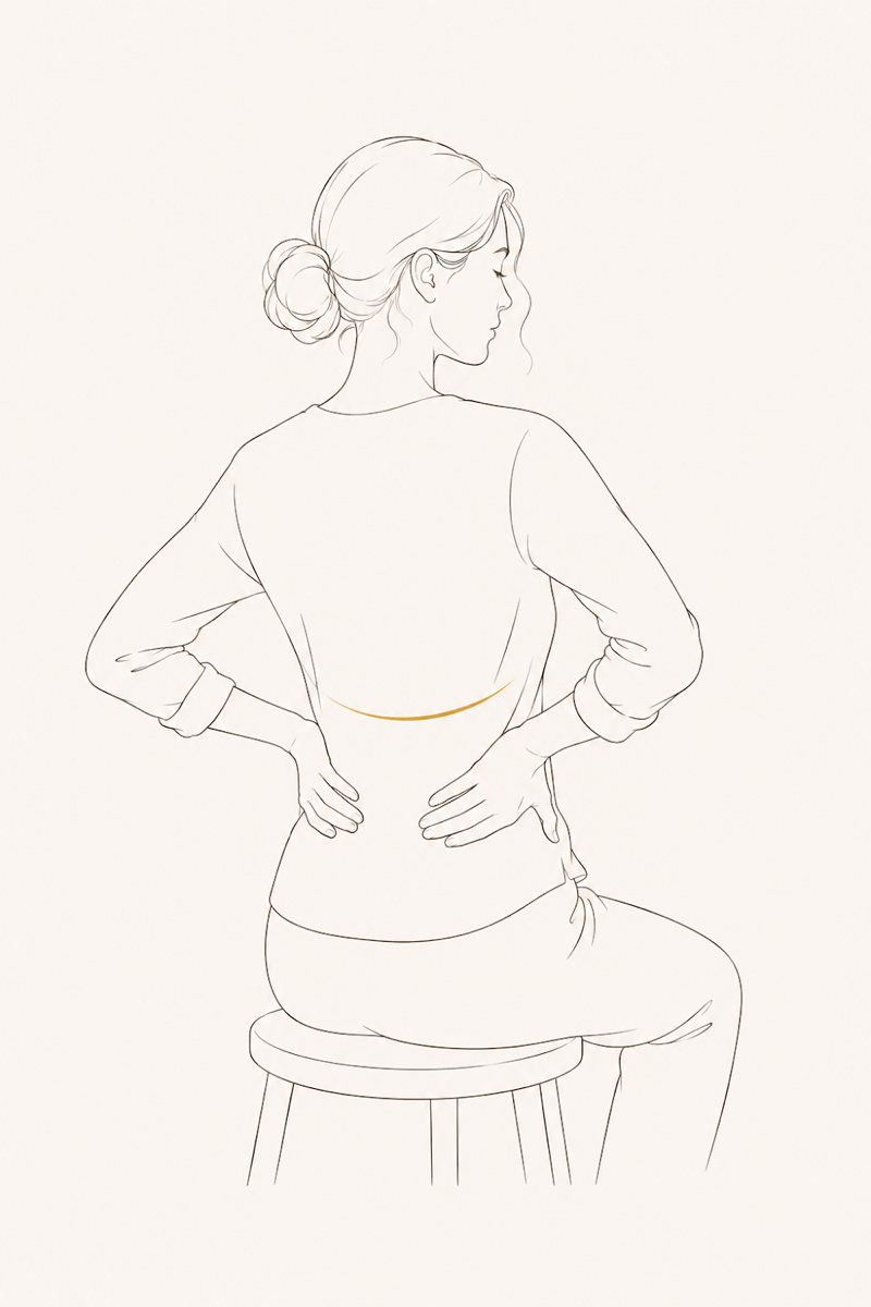 Hands on the lowest back ribs, breathing wide into them