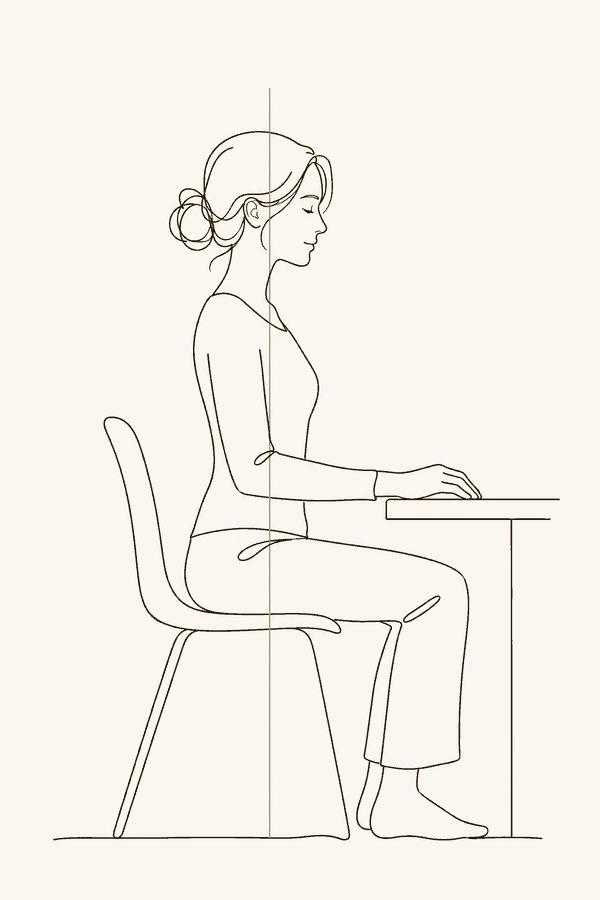Upright, settled, working calm — the restored default, held without thinking