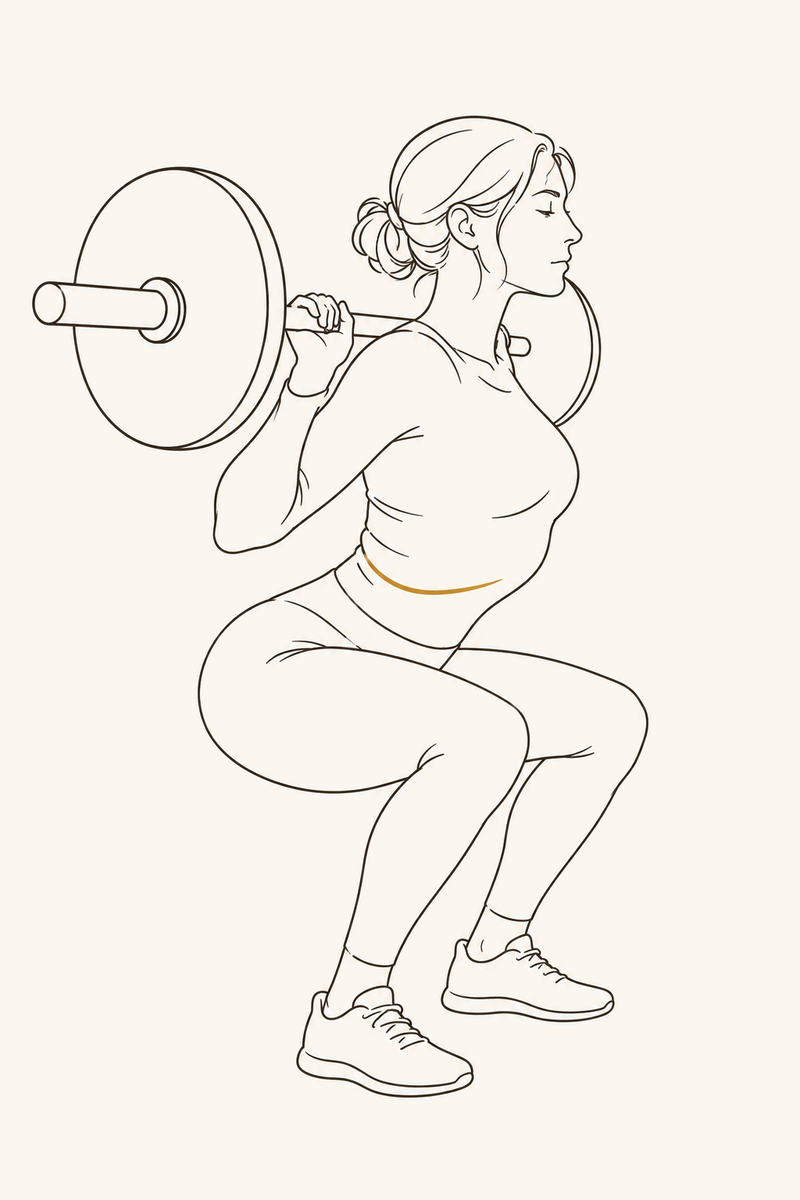 Real effort under a barbell, with the lower ribs flared open — work that isn’t landing