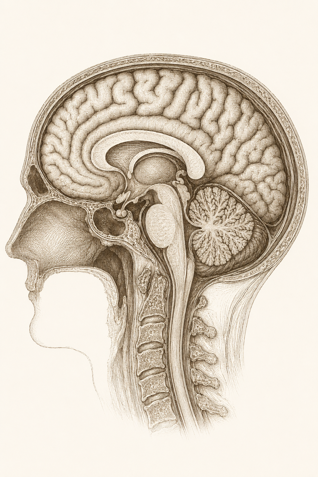 Sagittal cross-section of the human brain and brainstem — the autonomic command center that decides whether you sleep in recovery or stay running hot