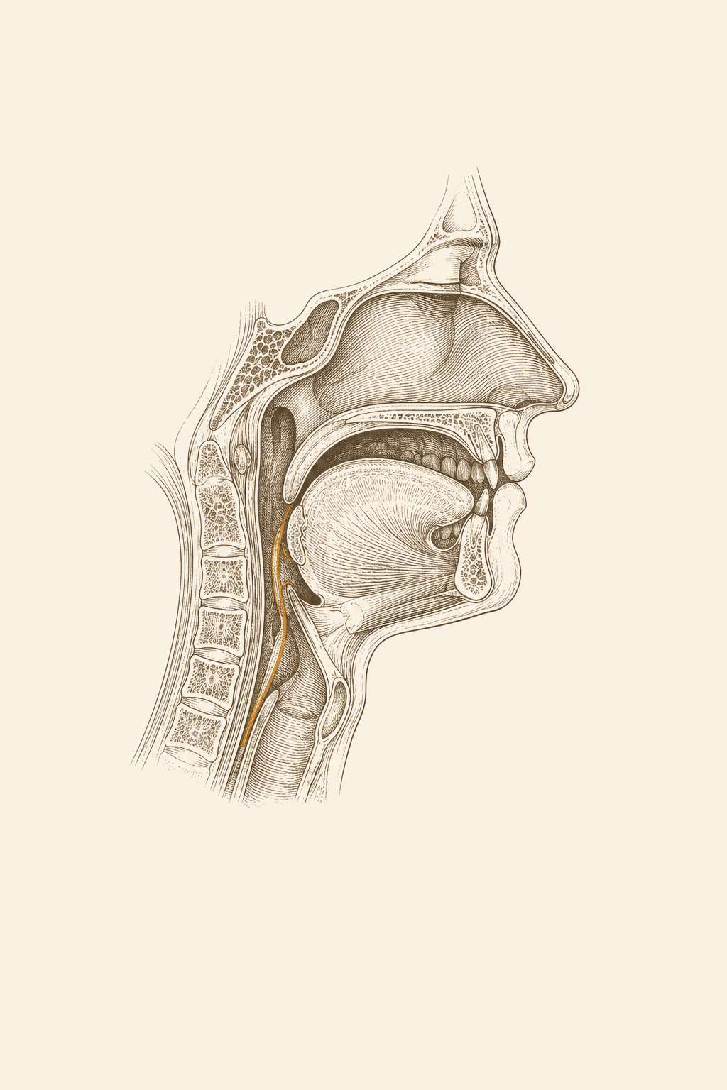 Sagittal cross-section of the jaw, tongue, and upper airway — the mandible advances, pulling the tongue forward, opening the airway
