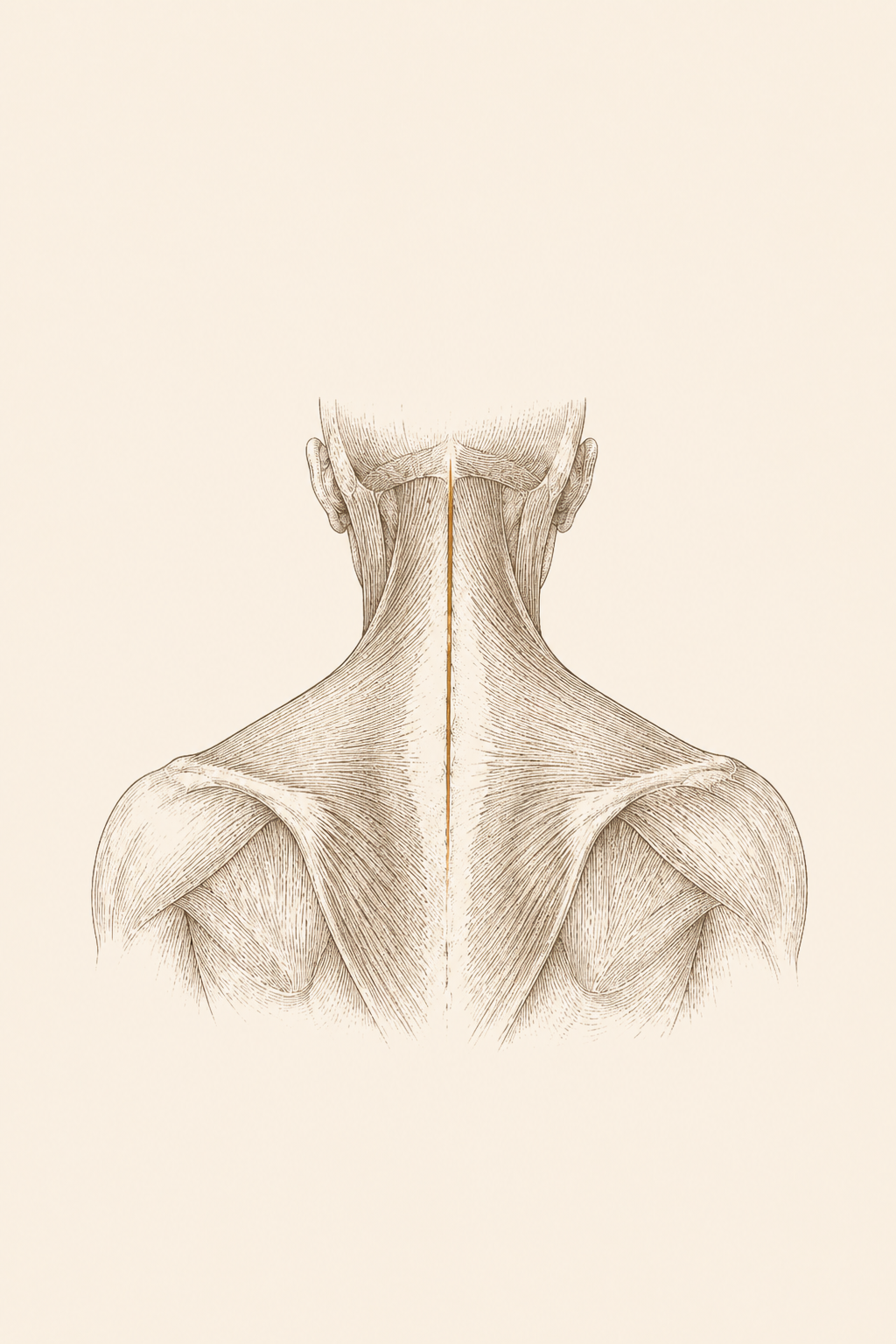 Posterior view of the neck and upper back musculature — the holding pattern that carries through the night