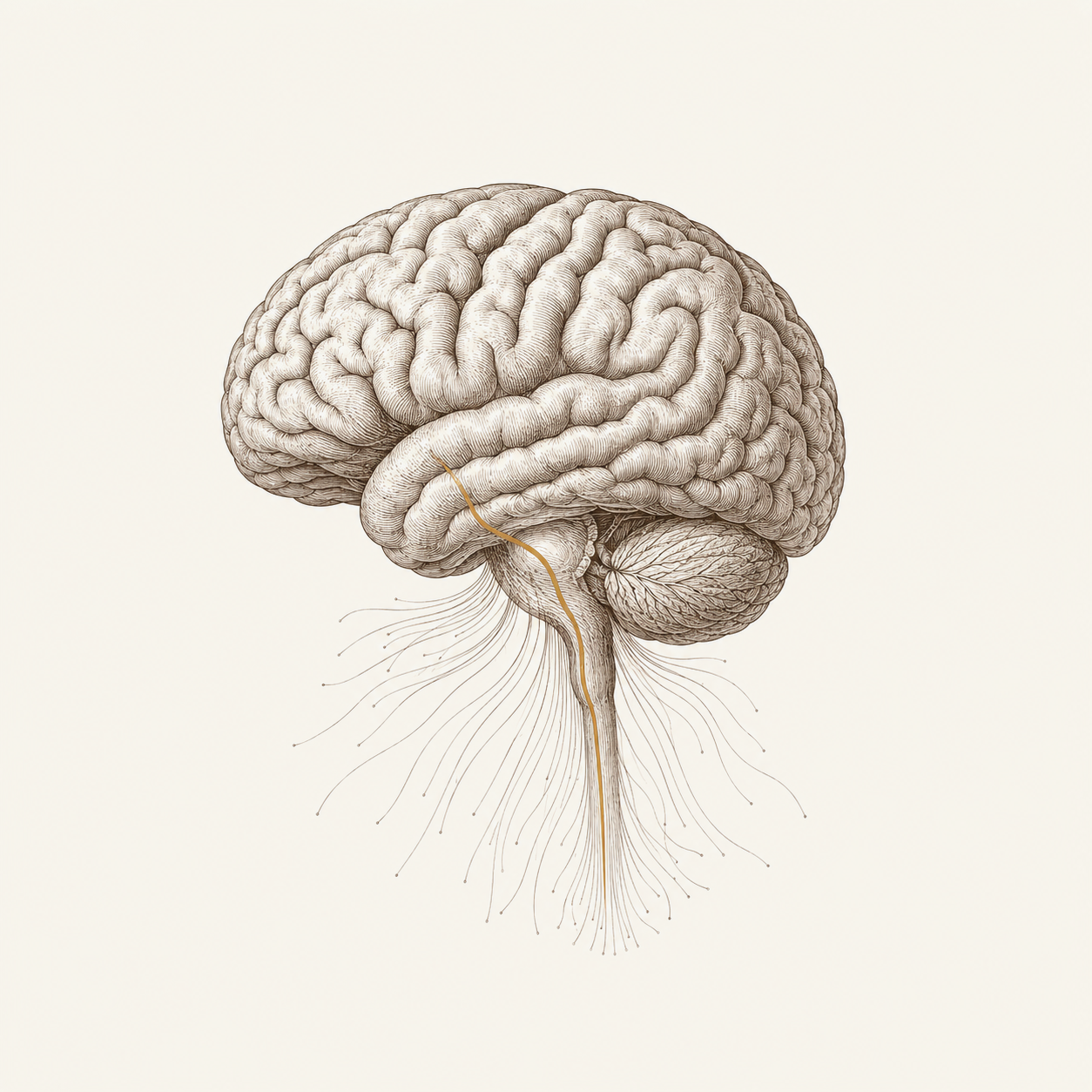 The brain in sagittal cross-section with descending pathways — pain is an output, not a simple relay
