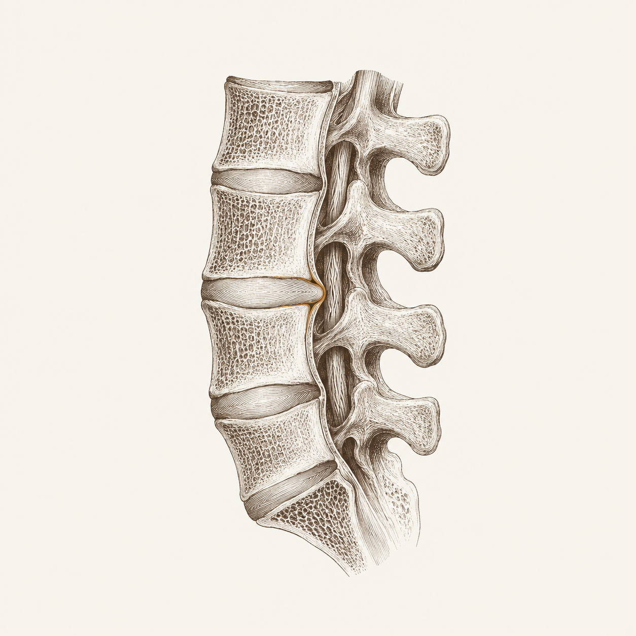 Sagittal cross-section of the lumbar spine — a disc bulge visible, but the surrounding tissue calm and without distress