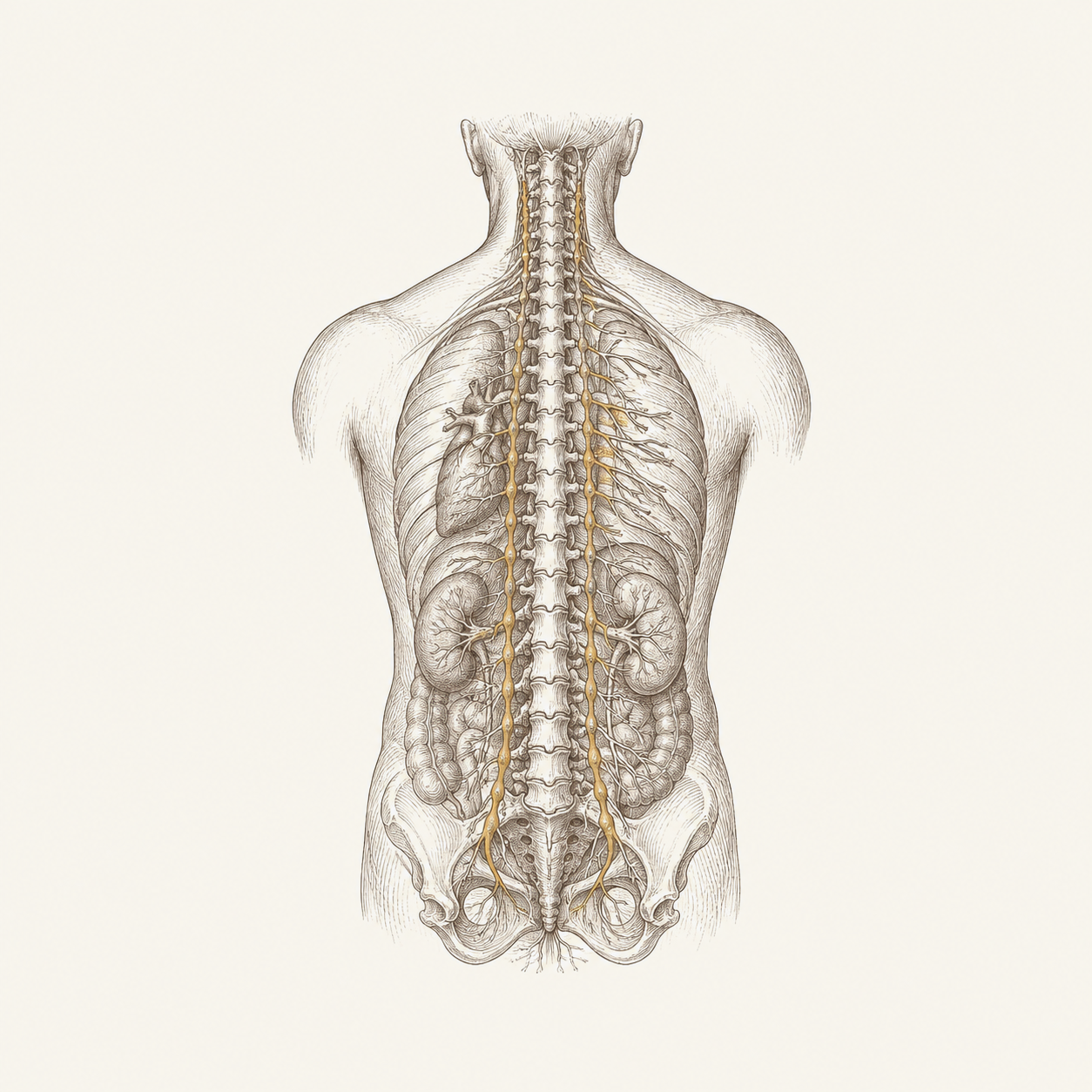 The posterior torso with the sympathetic chain and spinal nerves visible — the autonomic state that modulates pain sensitivity