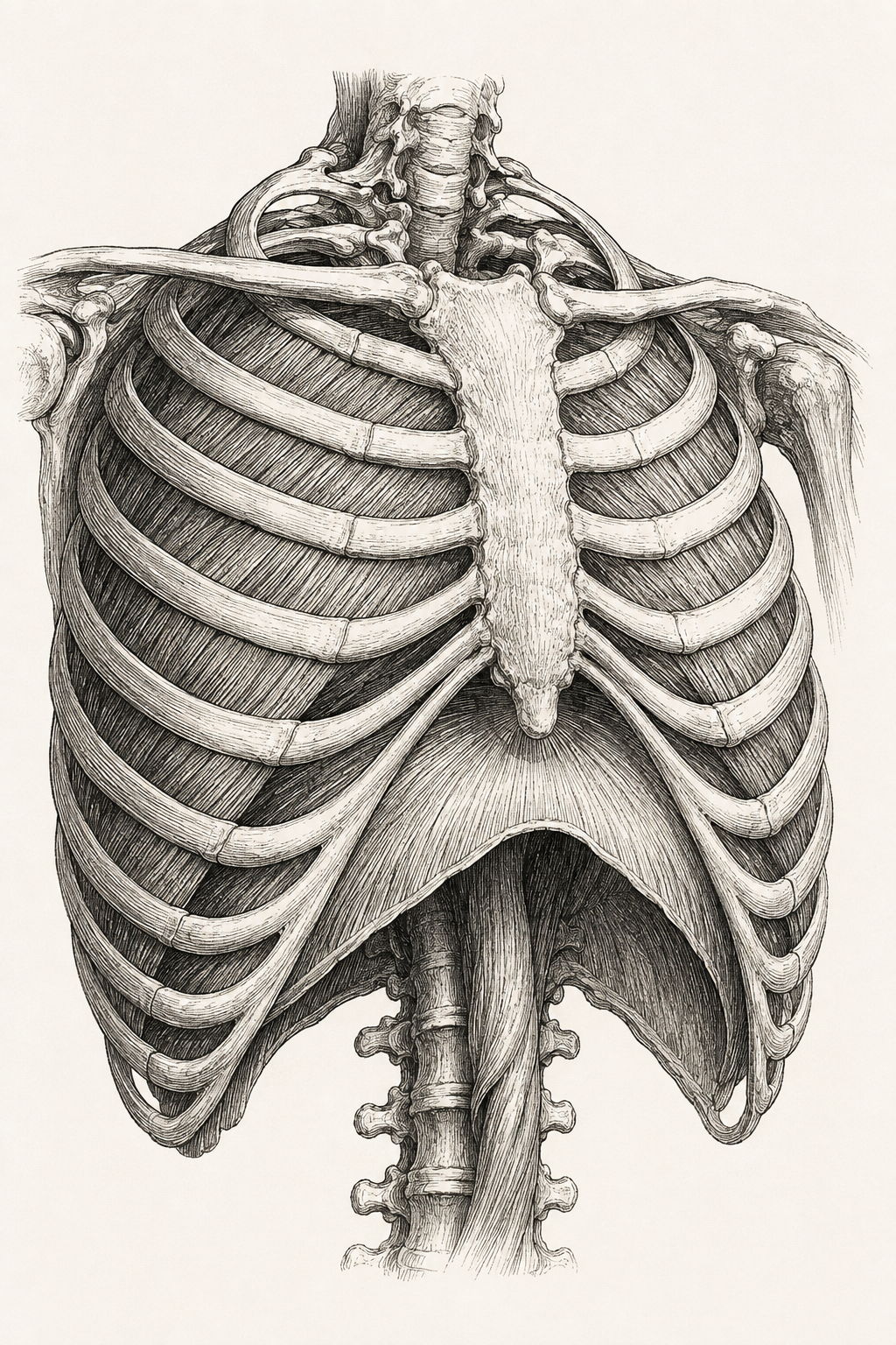 A ribcage settling into exhale — the diaphragm ascending, the system letting go