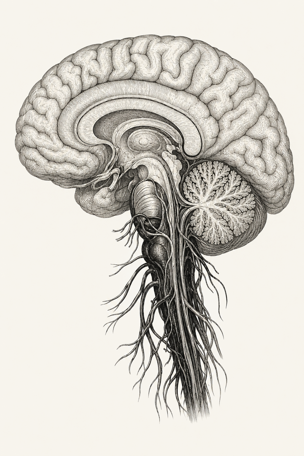 A brain in sagittal cross-section — cortical pathways highlighted above, brainstem and vagal pathways below