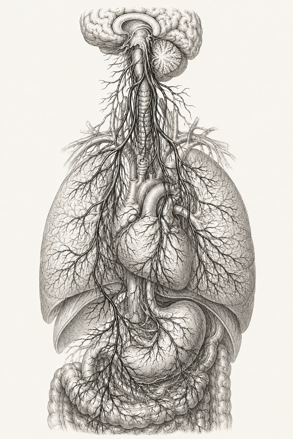 The vagus nerve branching from the brainstem through the chest to the viscera — the highway that carries the signal