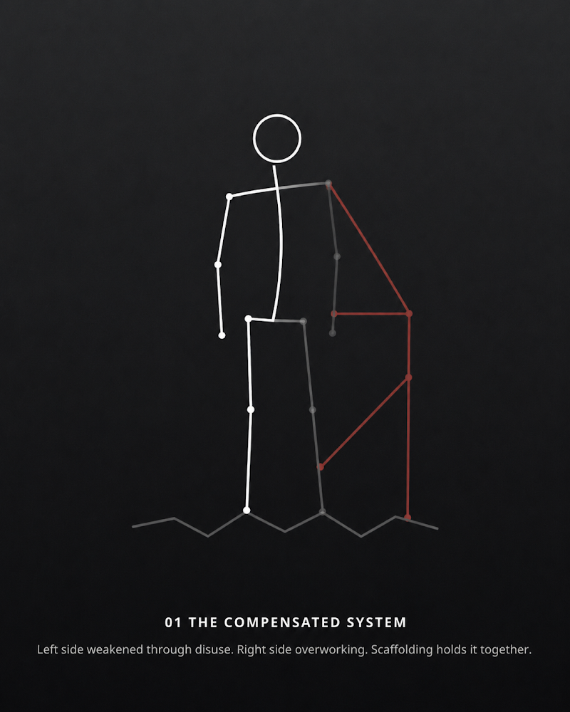 Stick figure labeled “The Compensated System” — asymmetric, left side weakened, right side overworking, red scaffolding holding it together