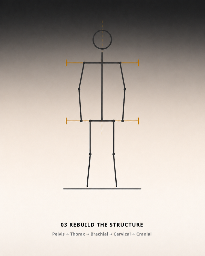 Stick figure labeled “Rebuild the Structure” — balanced and symmetric, with alignment markers from pelvis through thorax, brachial, cervical, and cranial