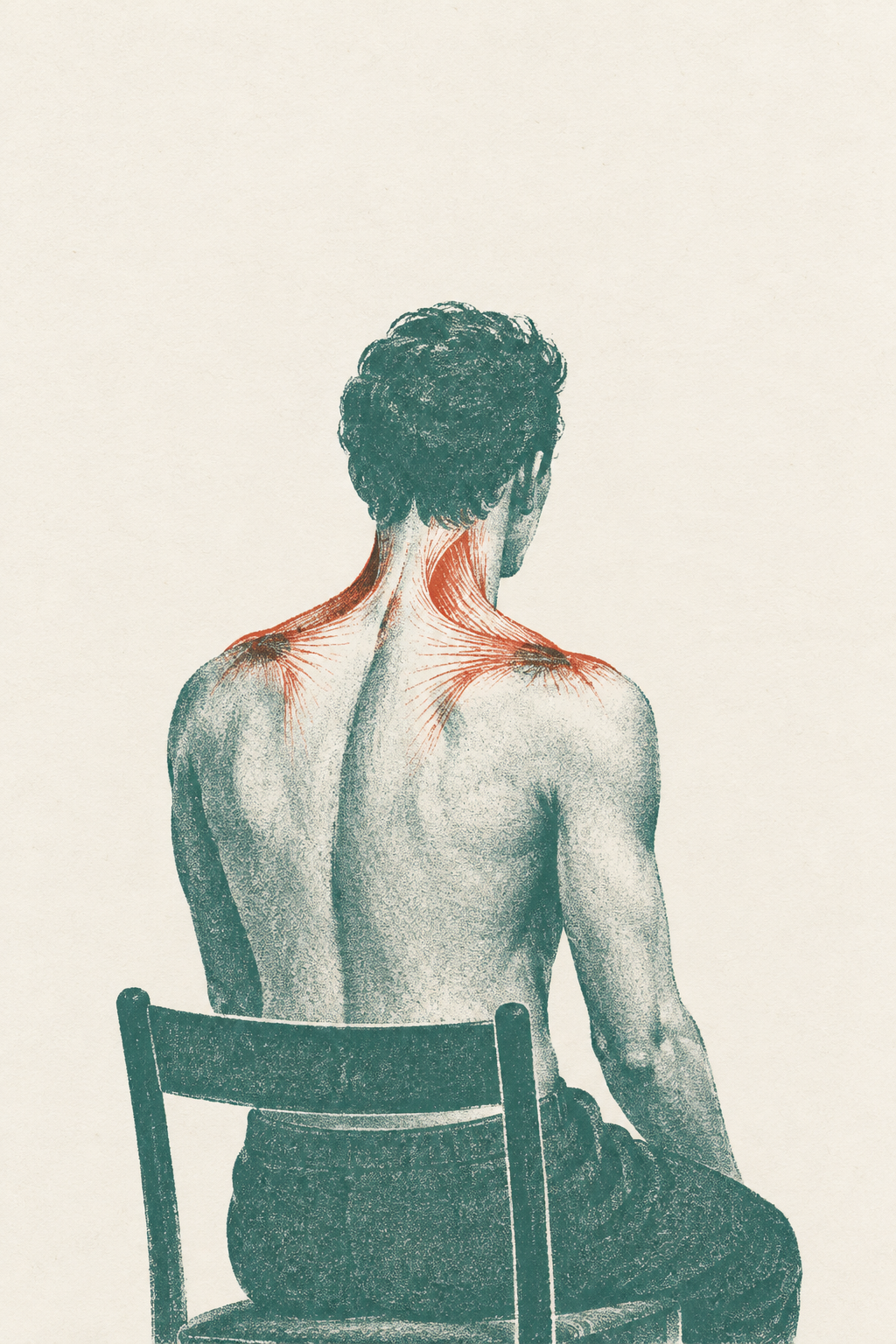A two-color risograph print of a figure seated from behind, shoulders raised with red tension marks radiating across the neck and upper trapezius against a teal body