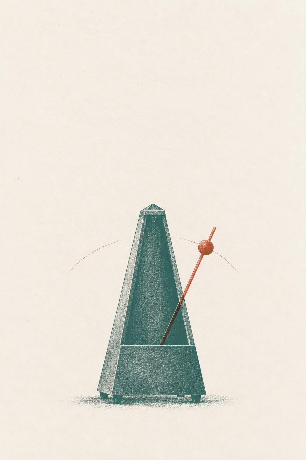 A two-color risograph print of a metronome — teal body with a red pendulum arm mid-swing and a faint arc tracing its path