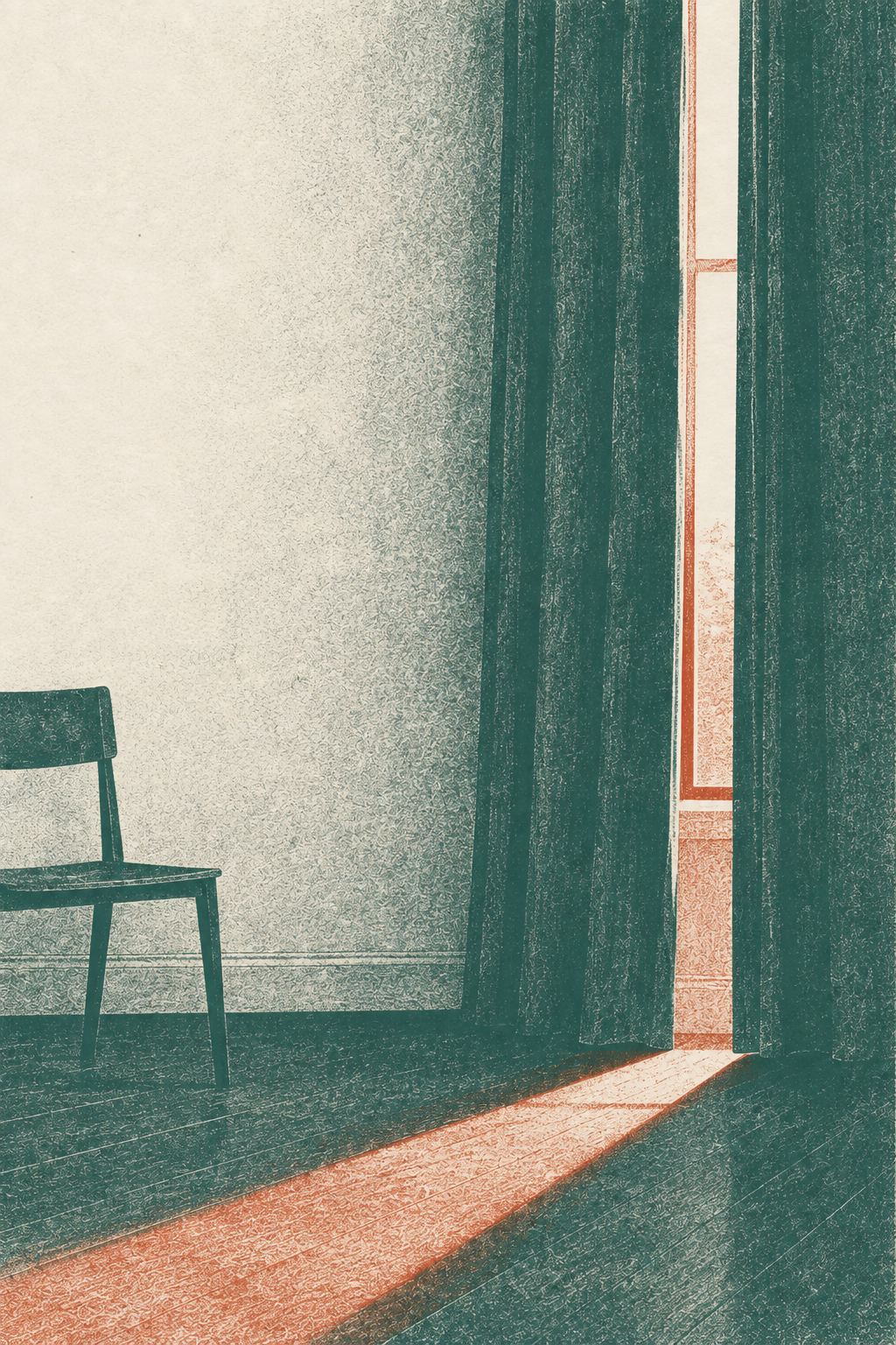 A two-color risograph print of a quiet room — teal walls and chair with a cinnabar light stripe falling through a curtained window onto the floor