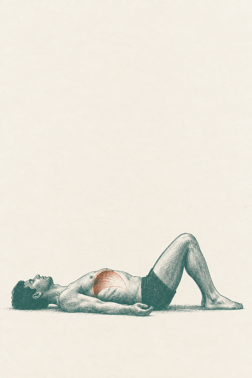 A two-color risograph print of a figure lying supine with knees bent — teal body with a red diaphragm dome ascending inside the torso on the exhale