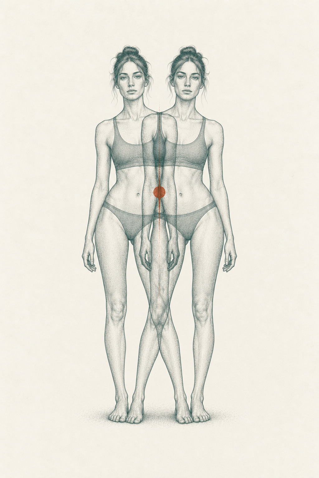 A two-color risograph print of two overlapping slender female figures — the same body shifted left and right like a double exposure, with a single cinnabar mark at the center pivot point