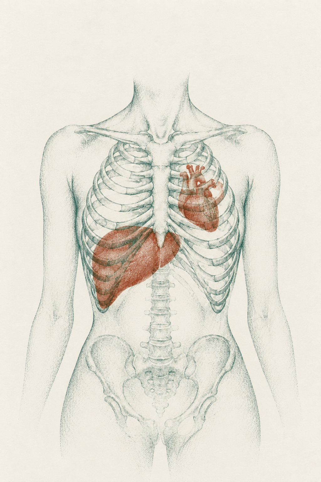 A two-color risograph print of a slender female torso showing organ asymmetry — teal ribcage and spine with the liver and heart highlighted in cinnabar red on opposite sides