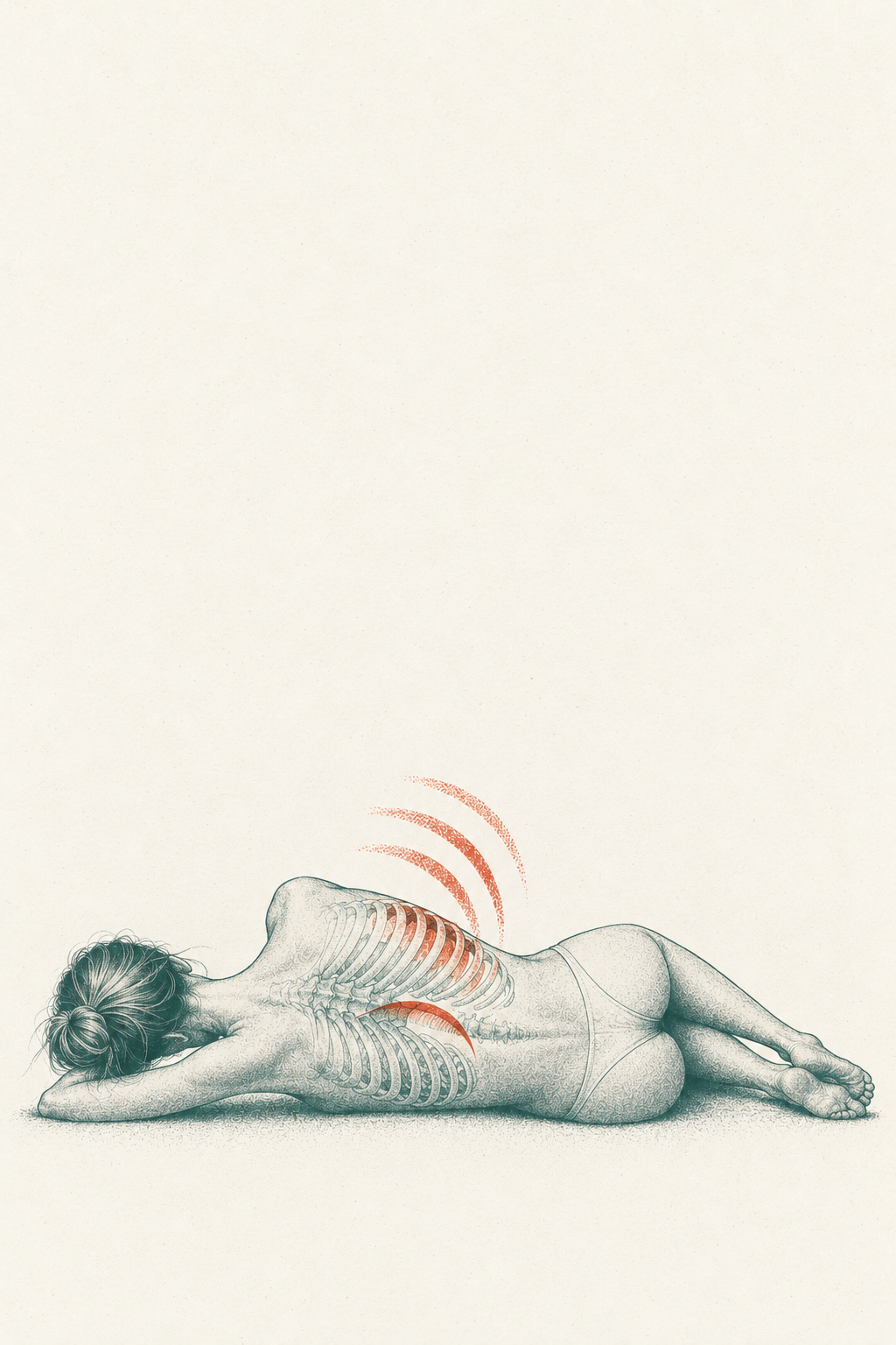 A two-color risograph print of a slender woman lying on her side with knees drawn up — teal body with cinnabar arcs showing the ribcage expanding on the upper side
