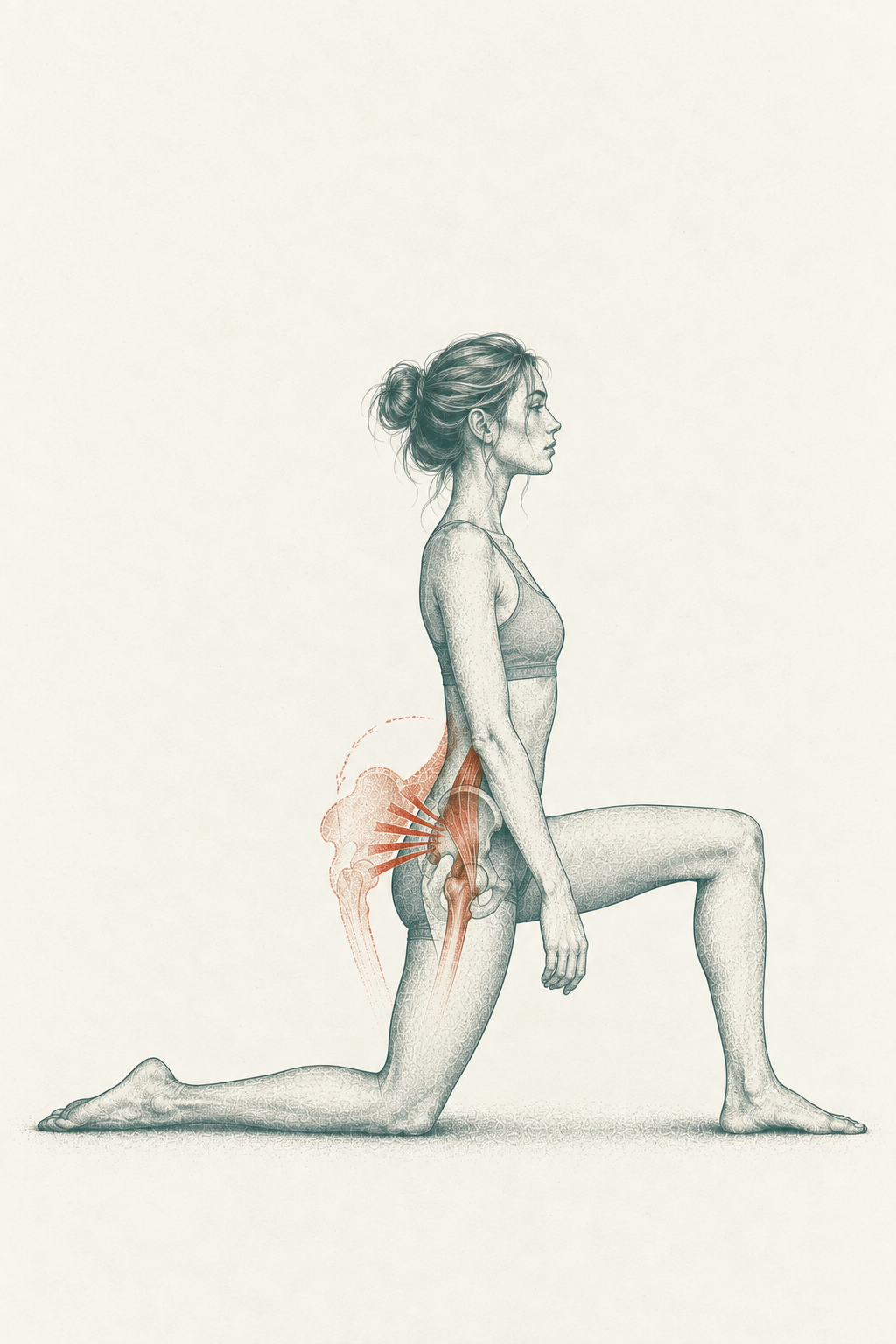 A two-color risograph print of a slender woman in a hip flexor stretch — teal body with cinnabar tension lines and a ghost image of the hip snapping back