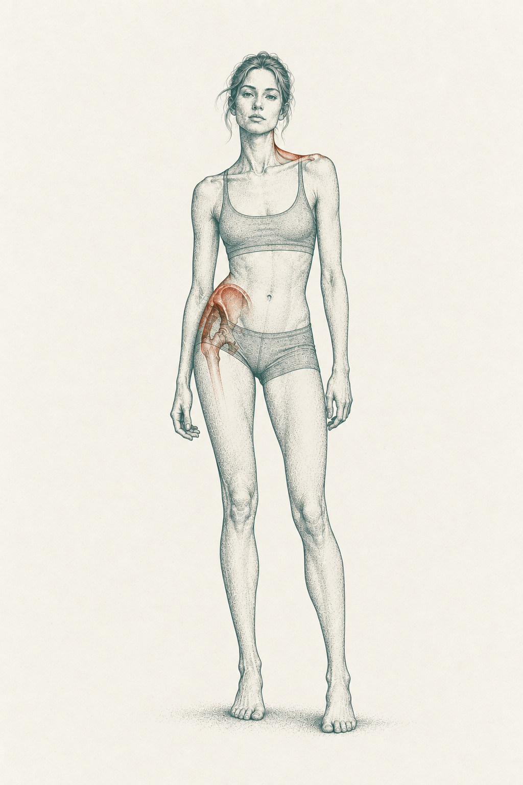 A two-color risograph print of a slender woman standing with weight shifted to one side — teal body, cinnabar highlight on the loaded hip and the opposite elevated shoulder