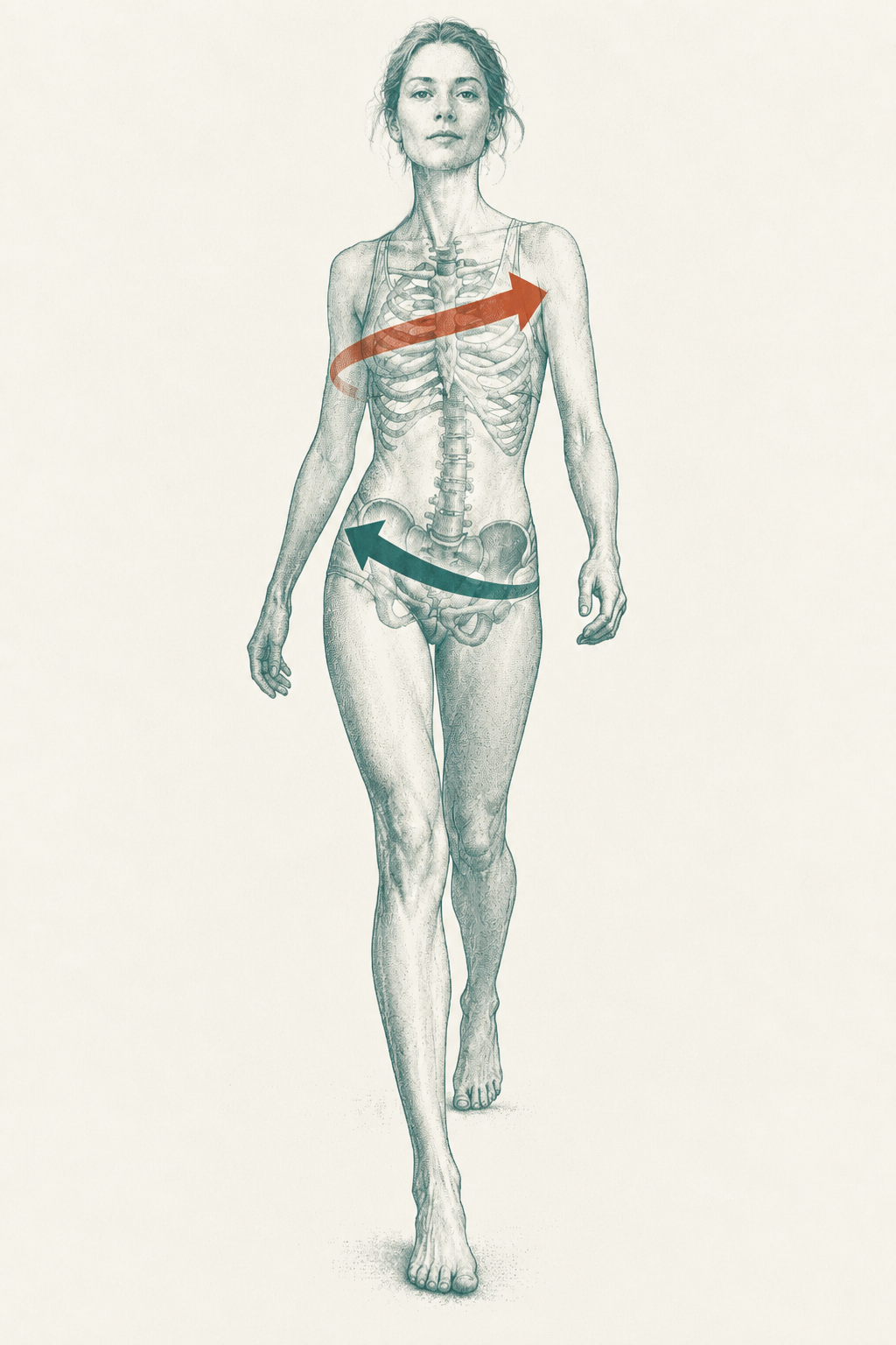 A two-color risograph print of a slender woman mid-stride showing the pelvis and ribcage counter-rotating — teal body with cinnabar rotation arrows around each
