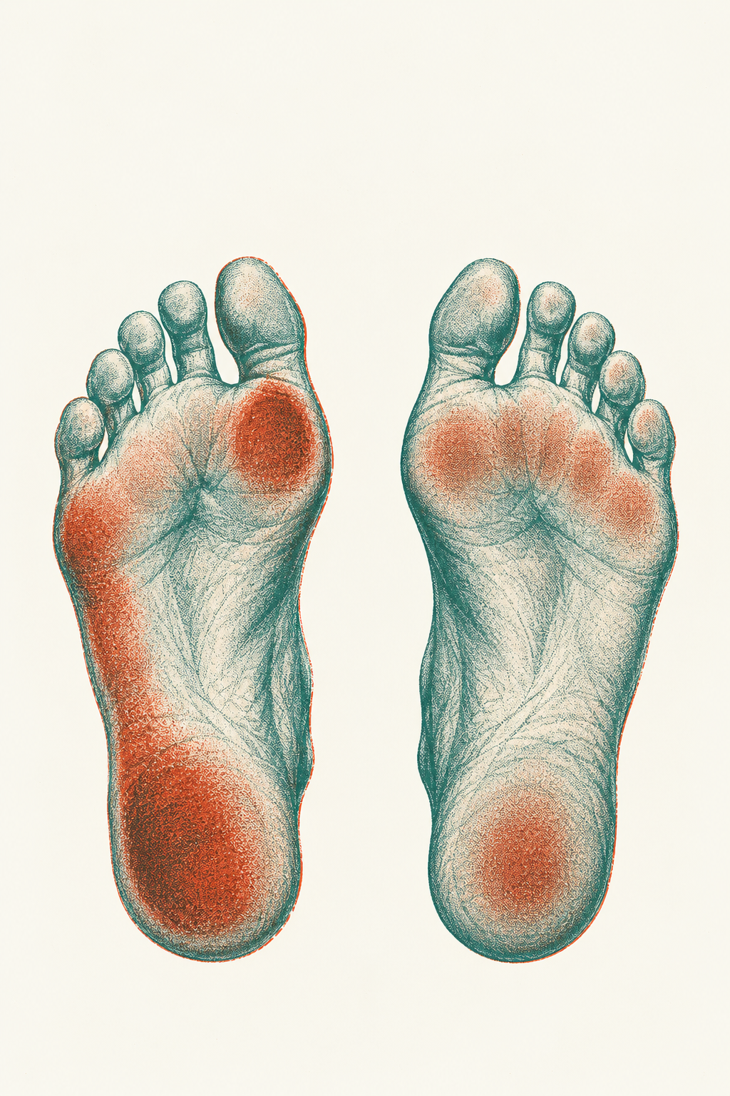 A two-color risograph print looking straight down at two feet standing — teal feet with cinnabar pressure overlays showing asymmetric loading, heavier on one side