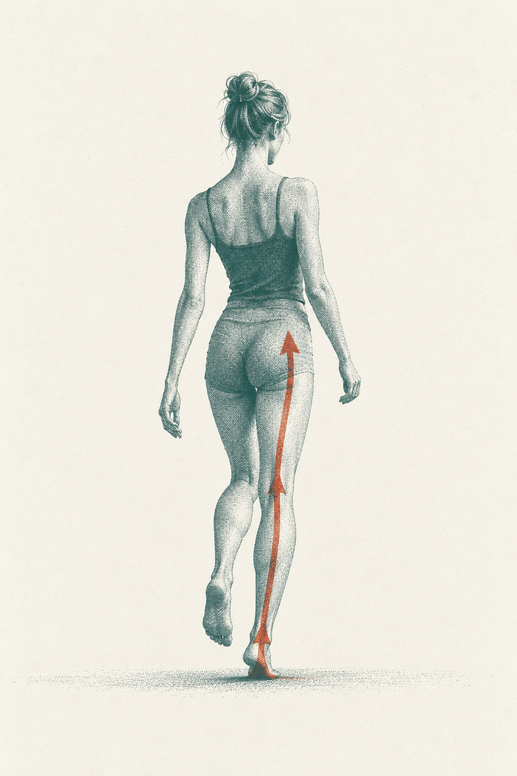 A two-color risograph print of a slender woman mid-stride viewed from behind — teal body, cinnabar highlighting the push-off force through the stance leg