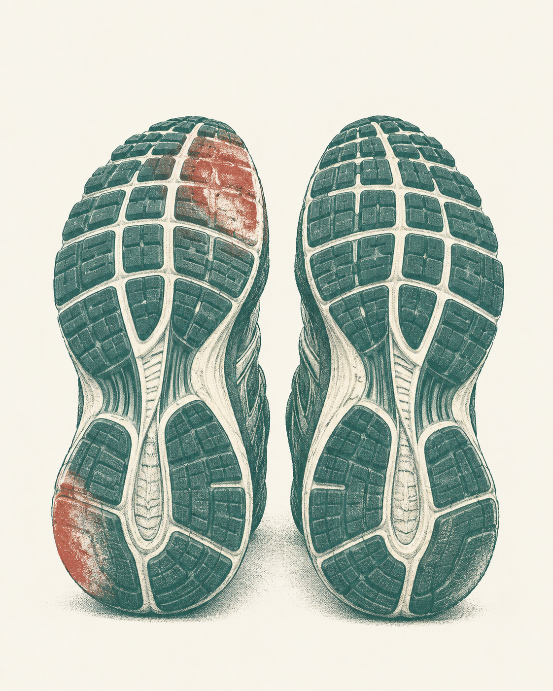 A two-color risograph print showing the soles of two shoes from below — teal tread with cinnabar wear marks, visibly heavier on the right shoe