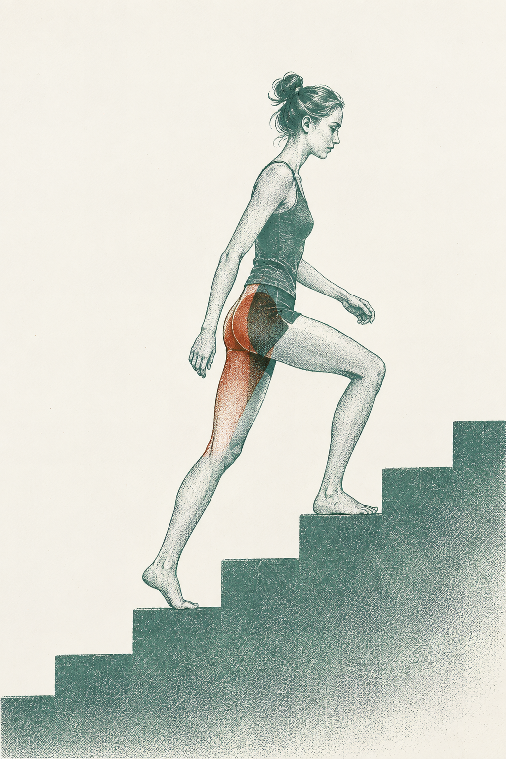 A two-color risograph print of a slender woman ascending stairs from the side — teal body, cinnabar on the leading leg’s quad and hip showing it as the dominant pusher