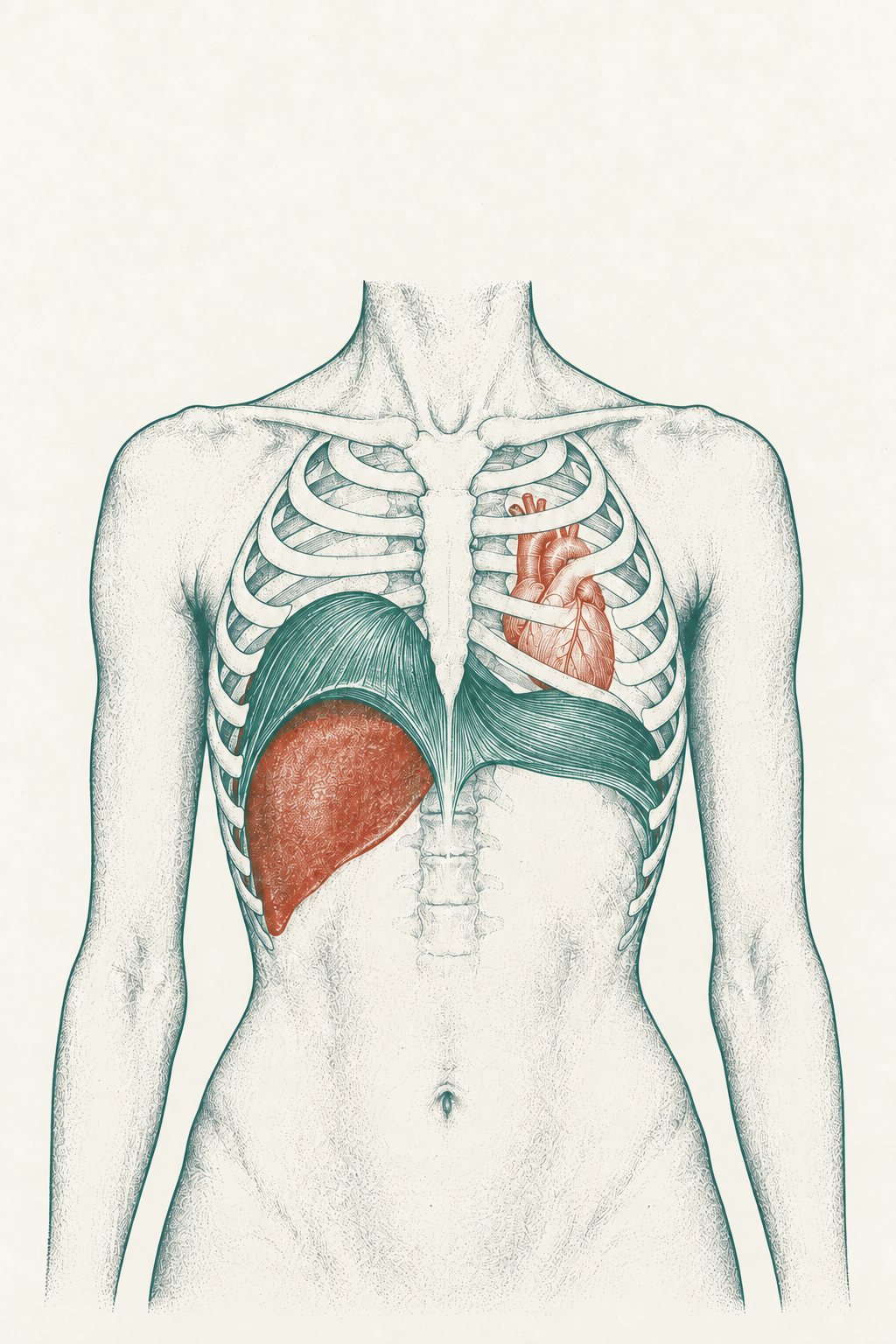 A two-color risograph print of a slender female torso — teal ribcage with the diaphragm domed high on the right over a cinnabar liver, and flattened on the left with the heart alongside