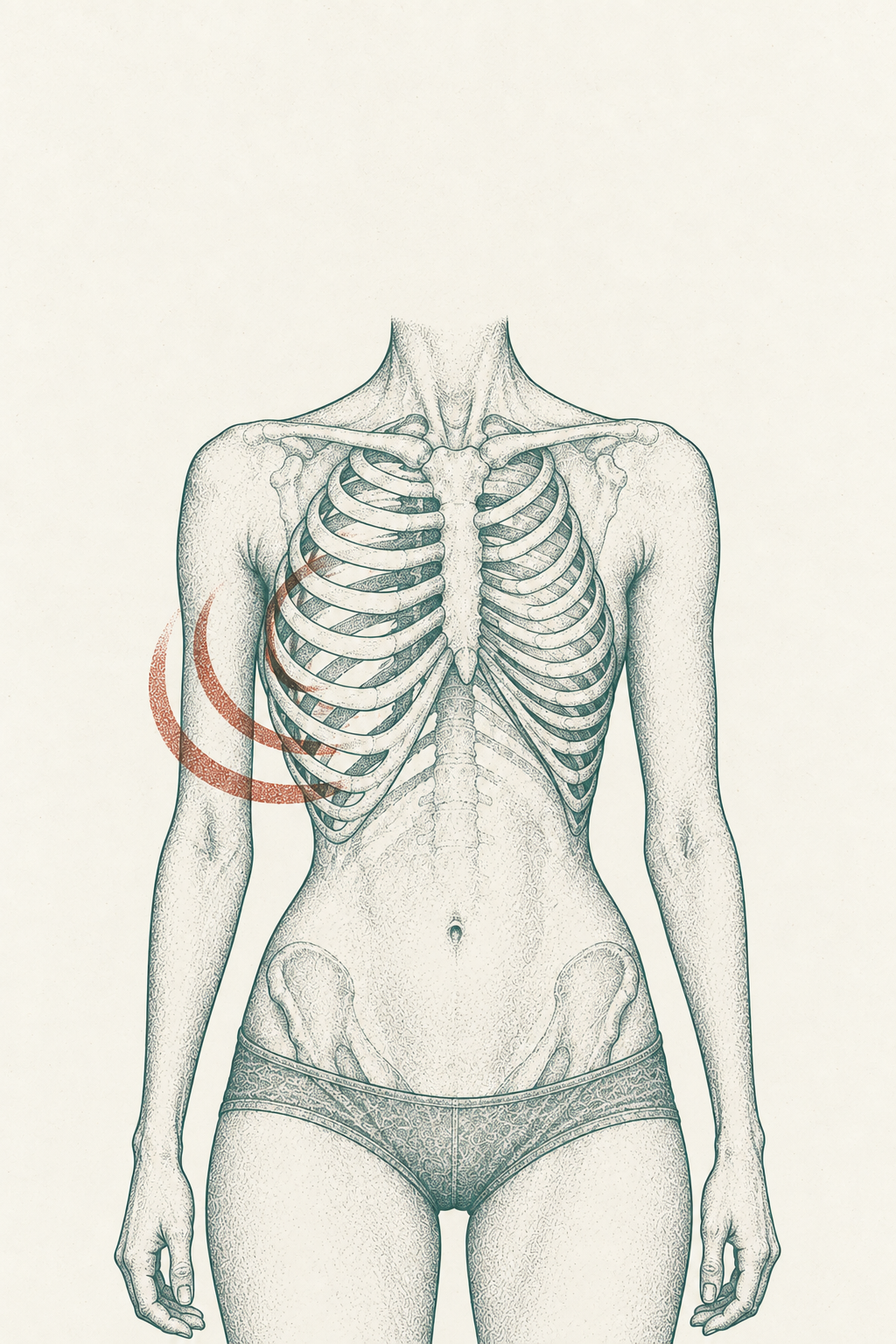 A two-color risograph print of a slender woman mid-inhale viewed from the front — teal body with the right ribcage expanding outward in cinnabar arcs, the left side visibly restricted