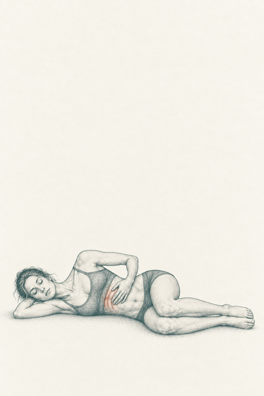 A two-color risograph print of a slender woman lying on her left side with knees stacked, right hand on the upper ribcage — teal body with cinnabar arcs showing breath expanding the right ribs into the hand