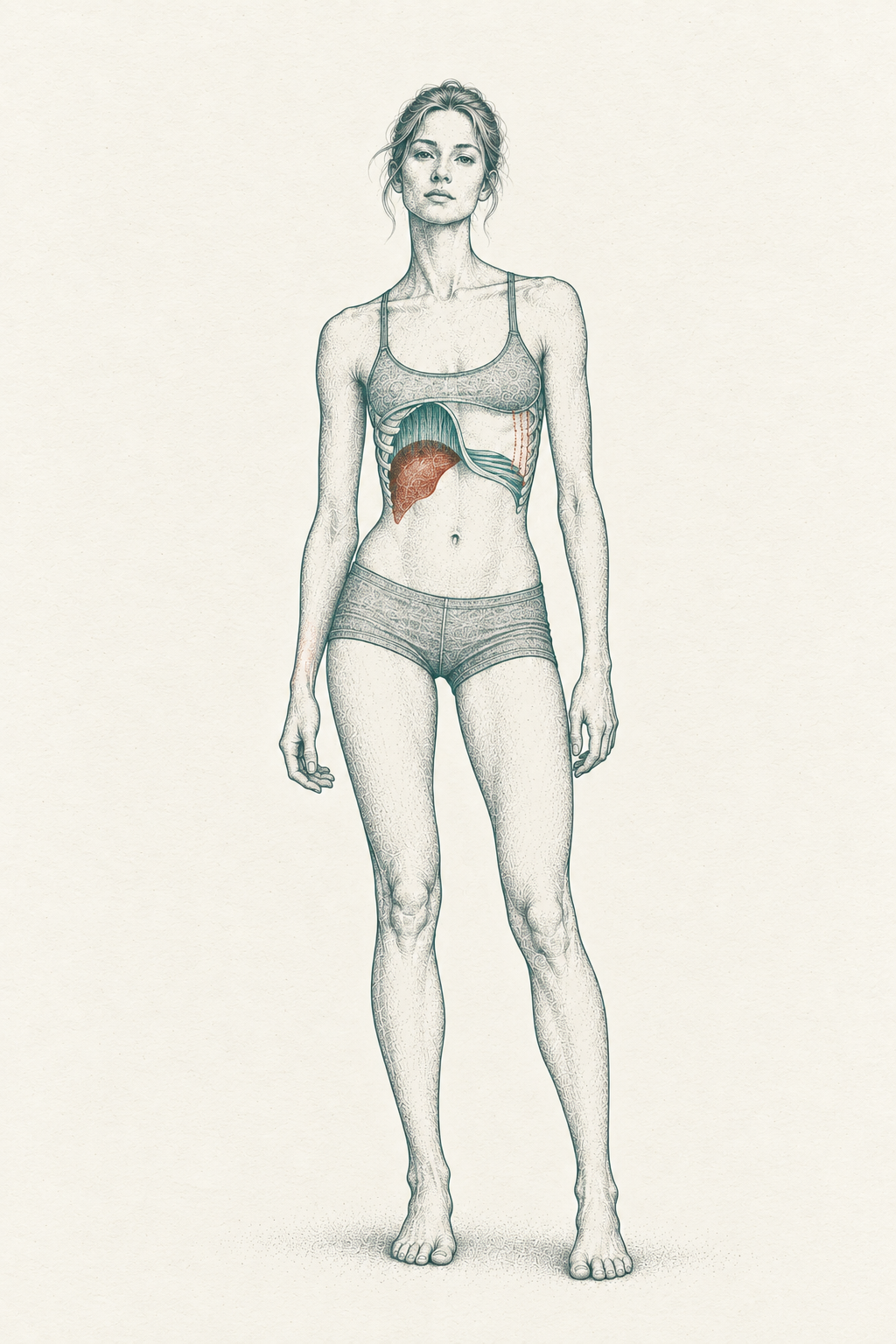 A two-color risograph print showing the Zone of Apposition comparison — on the right, the diaphragm is domed with vertical fibers against the ribs; on the left, the dome is flattened and the apposition zone is collapsed