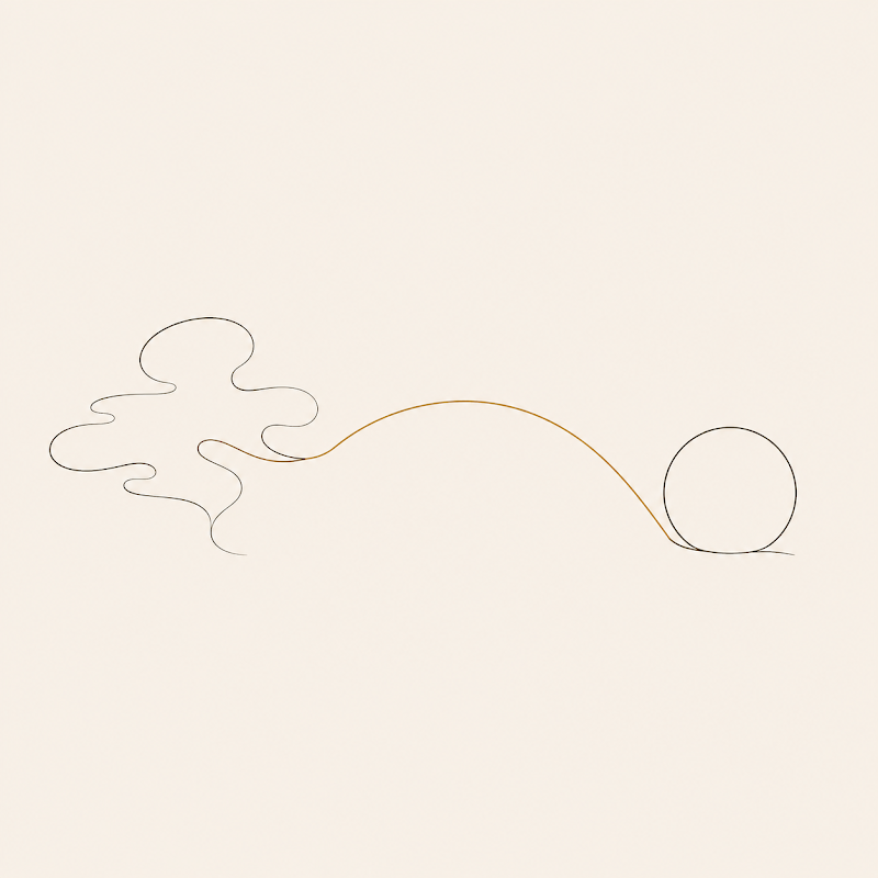 Abstract minimalist illustration of an amorphous organic shape connected by a gold arc to a clean circle, representing the transformation from disorder to order