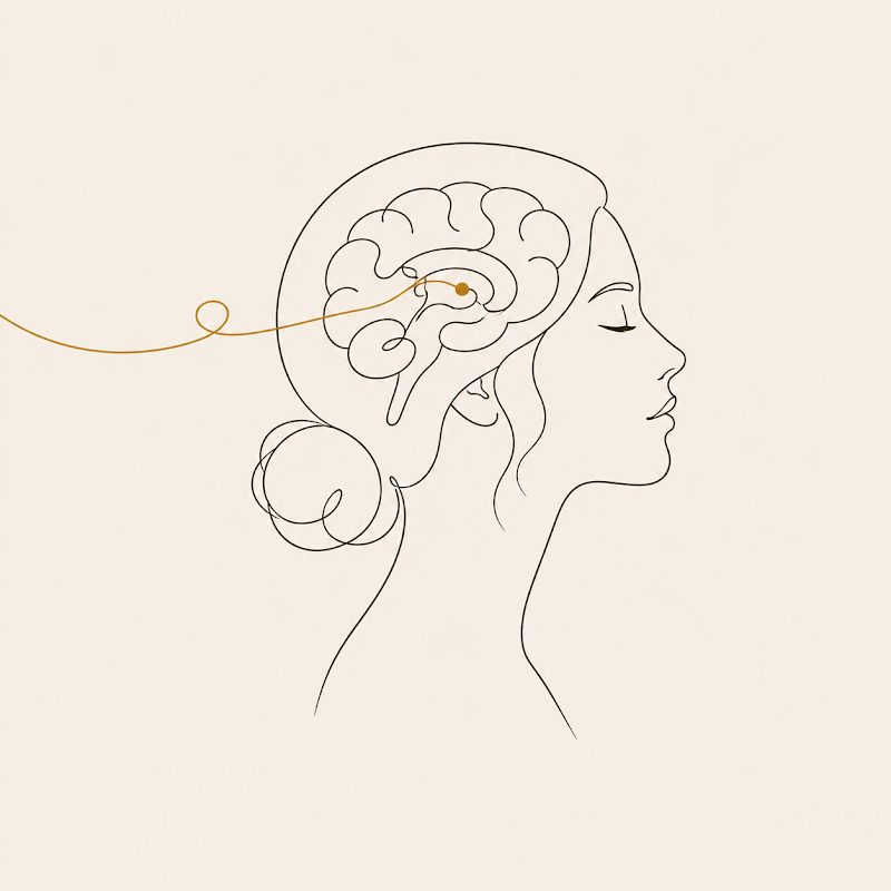 Side profile of a woman’s head showing brain anatomy, with a gold line connecting to a deep brain structure, illustrating the neural pathway between body sense and threat response