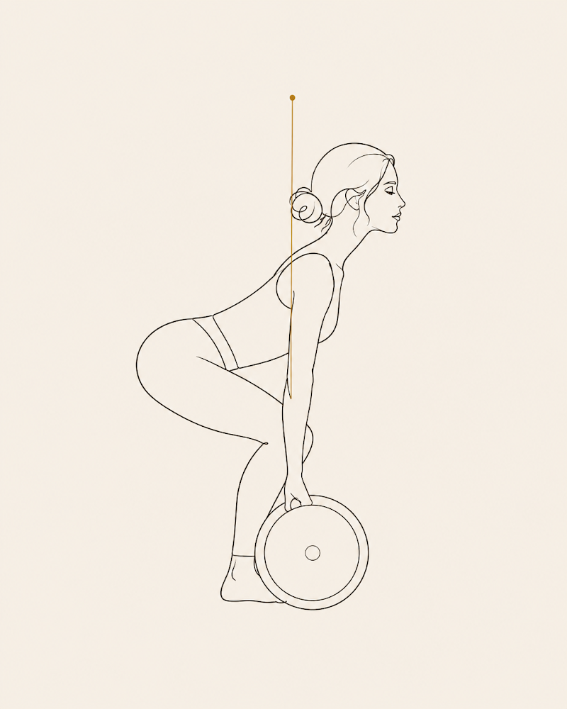 A woman performing a barbell deadlift in side view, with a gold vertical plumb line showing spinal alignment