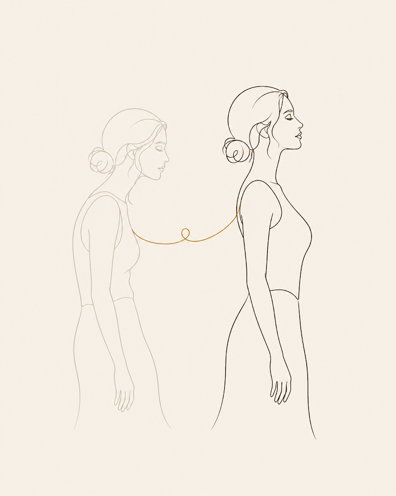 Two standing figures in side view — one faded, one solid — connected by a gold arc at the chest, illustrating postural transformation
