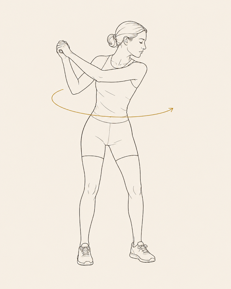 A woman in a golf-swing follow-through position with a gold rotation arc around the torso, showing integrated rotational movement