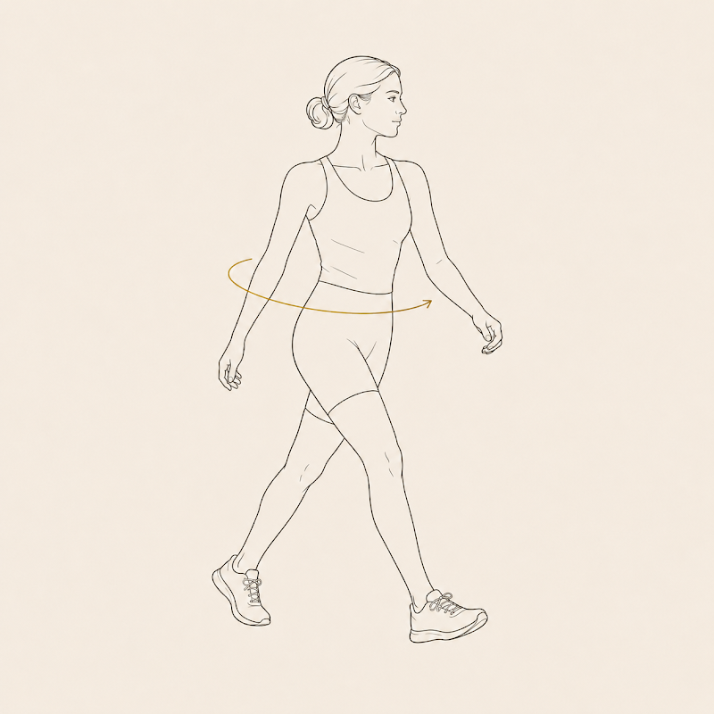 A woman walking in side view with a gold rotation arc around hips and torso, illustrating the mechanics of gait