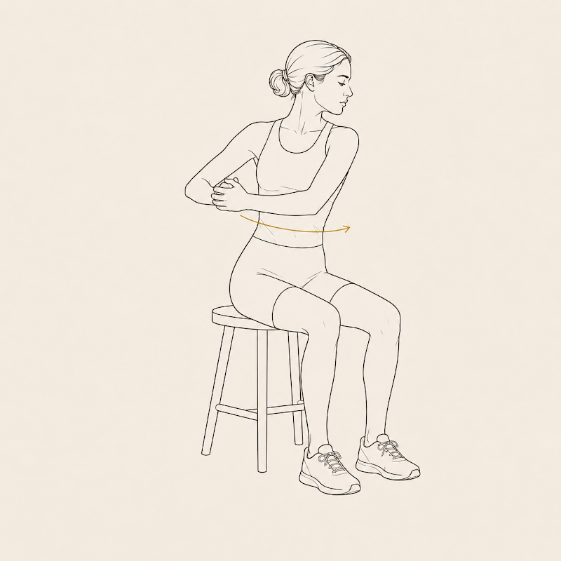 A woman seated on a stool performing trunk rotation, with a gold directional arrow arc showing the movement path