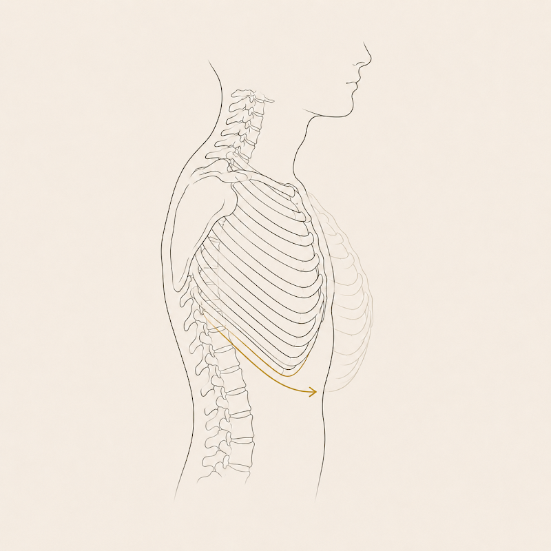 Side-view illustration of a ribcage and spine within a woman’s silhouette, showing a ribcage positional shift from a ghost outline to a solid position