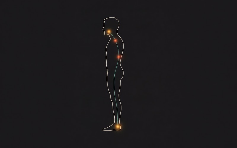 Side profile figure with glowing stress points at jaw, neck, upper back, and knee, connected by a teal spinal line