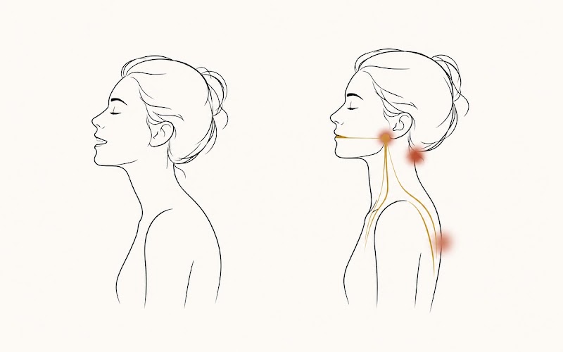 Two side profiles of a woman: relaxed jaw on the left, forward jaw position with pain indicators at the jaw joint and upper back on the right